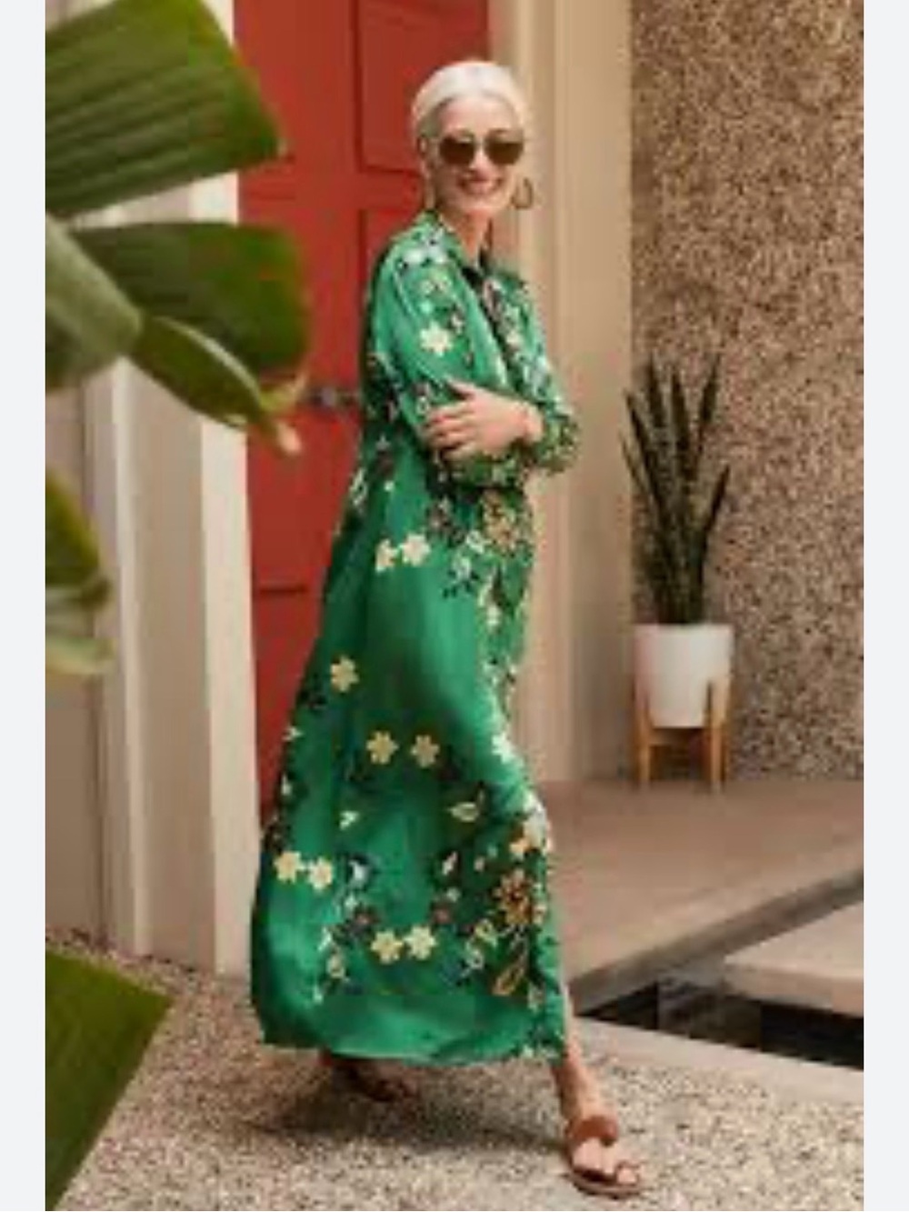 Chico's Emerald Green satin botanicals Floral resort wear Maxi Dress